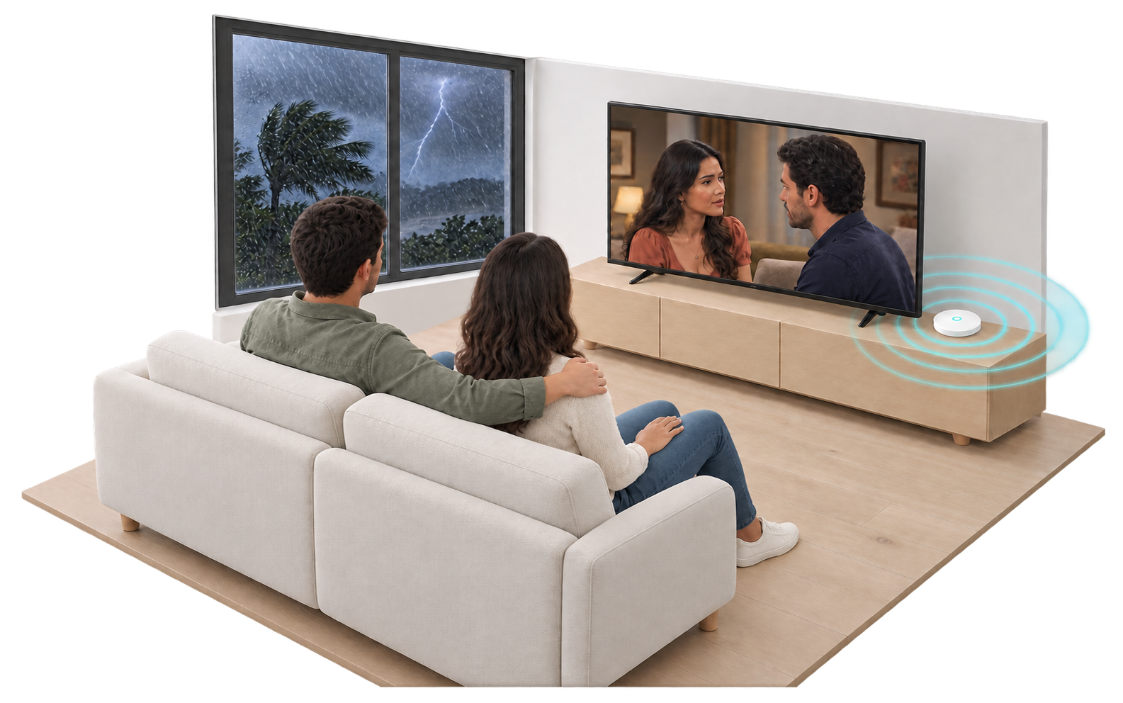Pareja viendo una novela en televisión mediante WiFi mientras una tormenta se observa por la ventana.