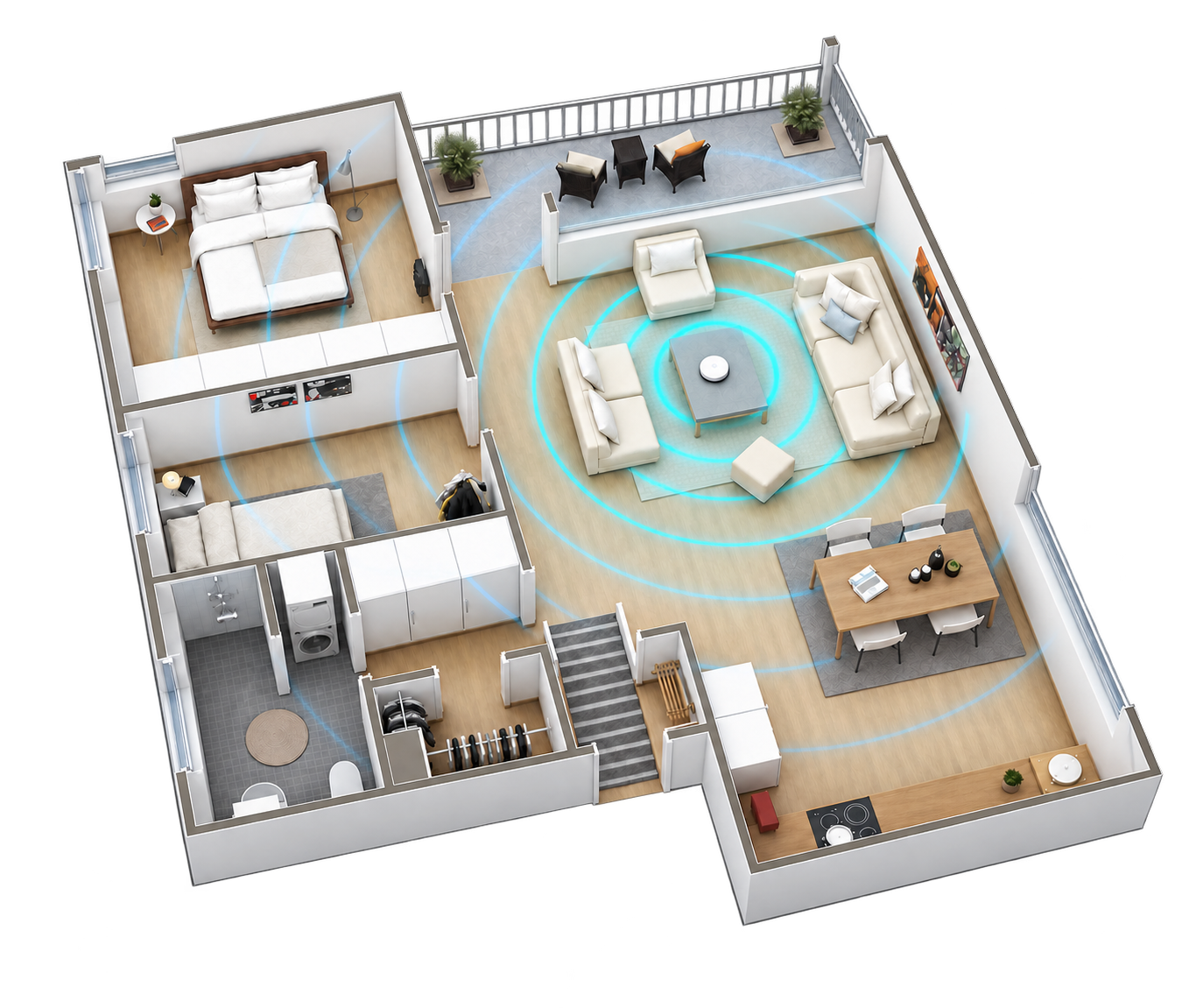 Plano 3D de una casa con un solo punto de acceso WiFi: la señal se atenúa al atravesar las paredes.