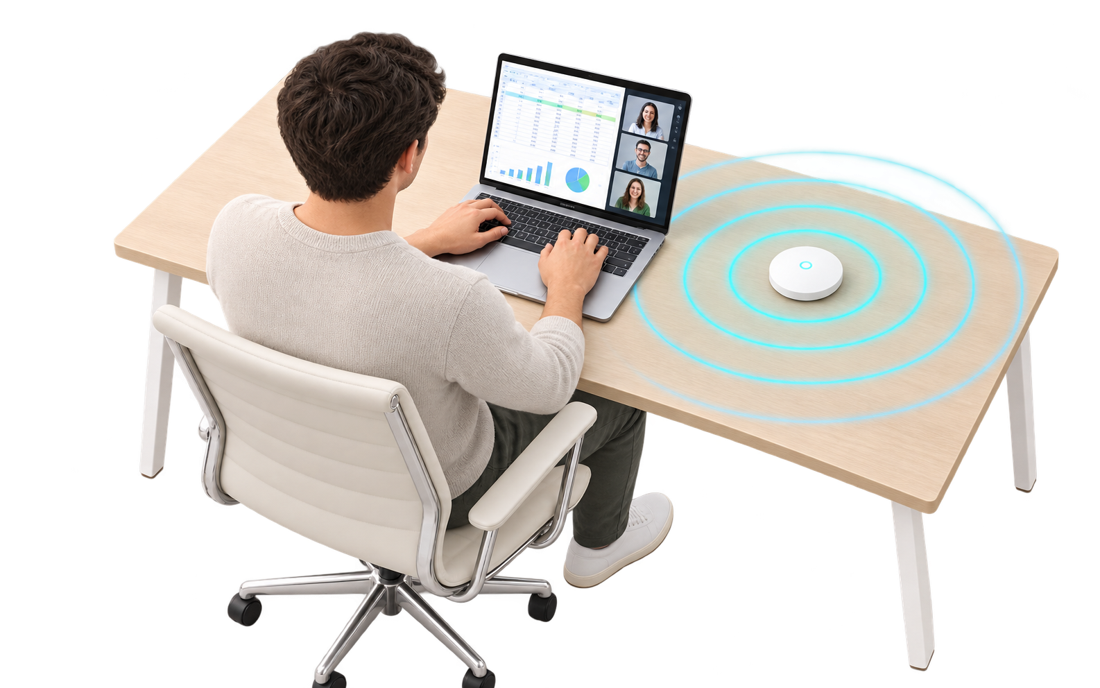 Persona teletrabajando en su laptop con una videoconferencia y una hoja de cálculo, conectada mediante un punto de acceso WiFi cercano.